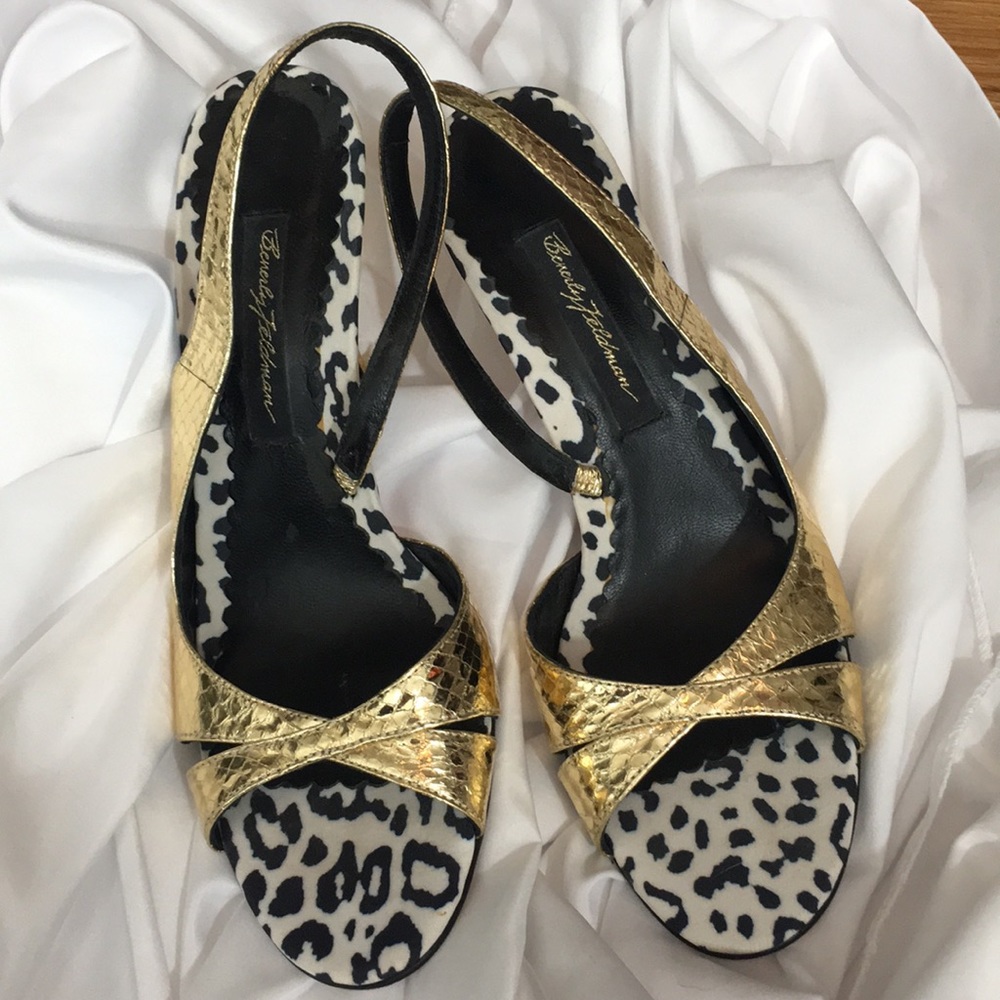 Beverly Feldman gold snakeskin strapping heels